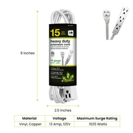 GoGreen Power (GG-19615) 16/3 15’ 3 Outlet Extension Cord, White, 15 Ft Cord