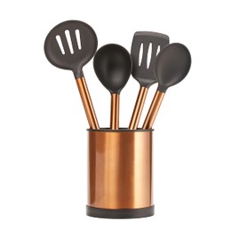 Servappetit 5 Pc Cooking Utensil Set - Slotted Spoon, Slotted Spatula, Oval Spoon, Round Spoon with Holder - Heat Resistant, Non-Stick - Copper