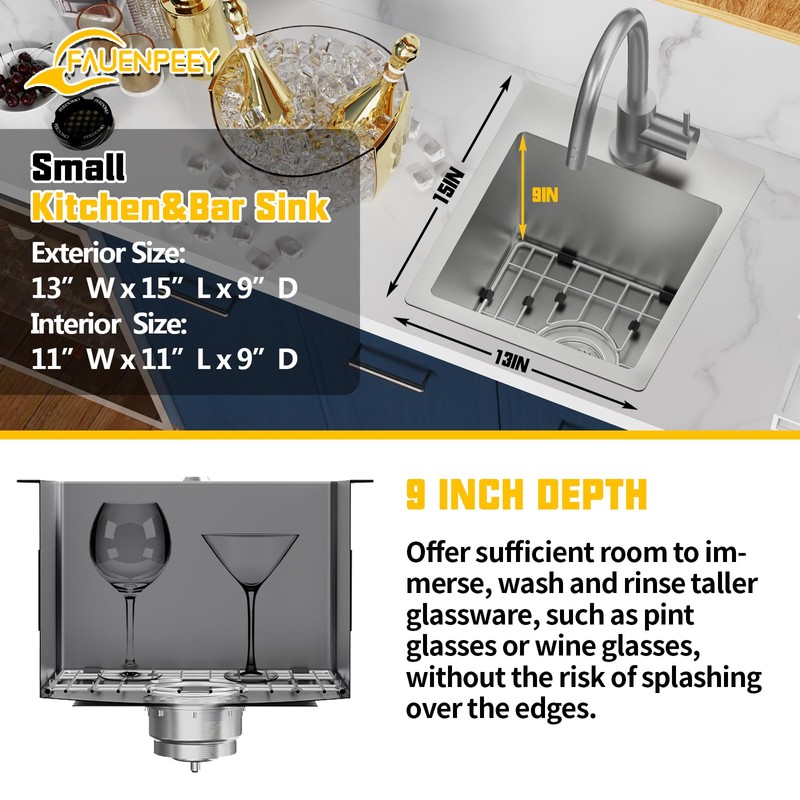 Small Black Kitchen Sink,13x15 Inch Stainless Steel Drop In Topmount