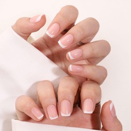 QQPPOLIU Gel Press on Nails Square Press on Gel Nails Short(Glossy,Pink,White French Tip)