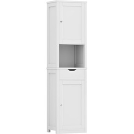 Shintenchi Tall Bathroom Storage Cabinet, Slim Corner Floor Cabinet with Doors and Drawer, Freestanding Narrow Bathroom Organizer with Adjustable Shelves for Small Space, White
