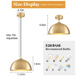 PINDODO Gold Pendant Light 2 Pack, 11.8" Modern Pendant Lights Kitchen Island Adjustable Height, Farmhouse Dome Hanging Light for Dining Room Bar