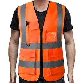 PB TECH Hi Vis Zipper Front High Visibility Reflective Vest Hi Vis Executive Jacket Vest Waistcoat ID & Multiple Pockets (Orange, L)