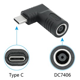 Right Angle DC 7406 to USB C Connector Adapter, 90 Degree PD 65W DC 7.4mm x 0.6mm to USB Type C Male Plug Power Charge Adapter for Laptop, Phone - Black