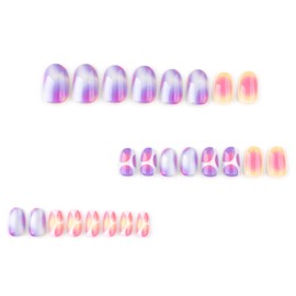 Short Oval False Nails - 24Pcs Colourful Smudges Designs Fake Nail - French Almond Purple & Pink Press on Nails with Glue - Full Cover Acrylic Reusable Stick on Nails for Women Nail Art Summer