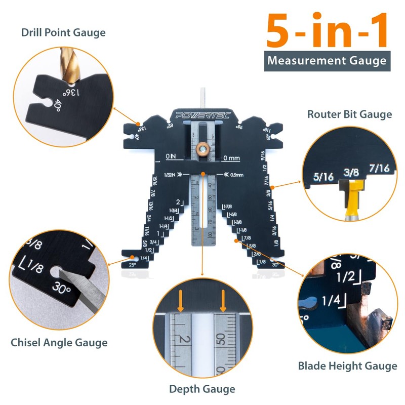 POWERTEC Universal 5-in-1 Step Depth Gauge for Measuring Chisel Angles,