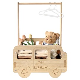 fun-plus Baby Shower Crate Closet, Bus Shape Baby Shower Basket with Handle Baby Storage Crate, Wooden Crate for Pregnancy New Parent (Bamboo Made)