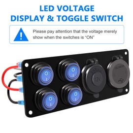 FXC 4 Gang Switch Panel Aluminum + QC 3.0 Dual USB Ports with LED Voltmeter(Power ON/Off) + 12V Power Socket Outlet for Car Boat Marine RV Truck Vehicles GPS Mobiles Blue