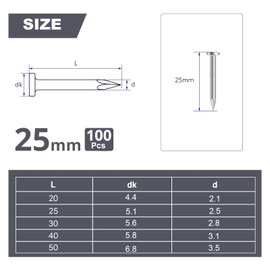 100Pcs 25mm Nails for Wood, Wood Nails, Galvanized Concrete Wall Nail, Masonry Nails, Picture Nails for Carpentry & DIY, Hanging Pictures and Woodworking-Silver