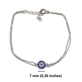 MYSTIC JEWELS by Dalia - Bracelet with Small Turkish Eye Motif Cubic Zirconia - Double Chain 16-18 cm Adjustable (Silver), Sterling Silver, Sterling Silver