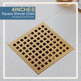 4 Inch Champagne Bronze Shower Drain- Square Shower Floor Drain Kit with Flange-Removable Grid Strainer Cover - SUS304 Stainless Steel Floor Drain Kit