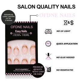 Handmade Press on Nails Short Oval OFDNE White French Tip Fake Nails 3D Embossed False Nails with Designs Gold Swirl Full Cover Glossy Glue on Nails Acrylic Nails for Women Girls 24Pcs