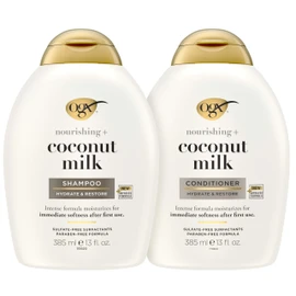 OGX Nourishing + Coconut Milk Sulfate Free Shampoo and Conditioner Set, Hydrates & Softens Hair, Lipi Pro Shield Technology, Creamy Coconut Milk White Peach & Shea Butter Scent, 2 Items, 2 x 13 fl oz