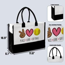 seclate Softball Gift Bags, Peace Love Softball Tote Bag with Pockets for Women, Reusable Beach Gifts Bag for Birthday Travel Shopping Sports - A01