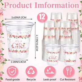 Funnymoom 60 Pack Pink Baby Shower Cups 12 oz It's a Girl Pink Floral Disposable Clear Plastic Drinking Cups for Baby Shower Gender Reveal Birthday Party Decorations Supplies