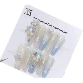 Generic Nails Handmade Press on Fake Nails，Christmas，snowflake，diamond，Mermaid, Rainbow, Butterfly, Stars,dark, cute, fairy,luxurious (Blue snowflake, M)