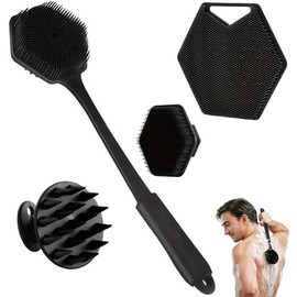 Cepillo de ducha de silicona suave - cepillo para espalda baño, cepillo de silicona para cuerpo, cepillo para lavar el pelo y ccepillo de mano para limpieza, espumante (black)