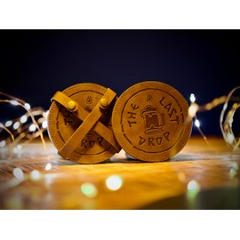 The Last Drop Arcane-Inspired Faux Leather Coasters - Set of 4 Vegan, Vintage Brown Debossed Drink Coasters in Faux Leather Wraps with Brass Accents, for League of Legends Fans