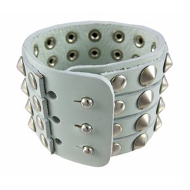 Zeckos Gray Leather Gauntlet-Style Wristband/Bracelet with 4 Rows of Chrome-Plated Conical Studs - 2 Inches Wide - Fits Wrists 7 1/2 to 8 Inches - Rocker-Wear