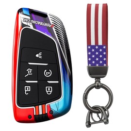 HIBEYO Key Fob Cover Compatible with Buick Envision GMC Yukon 6 Fit for Chevy Suburban Tahoe Silverado 1500 LT 2021 2022 Accessories Metal Painted Key Shell with US Flag Keychains-5 Button Red