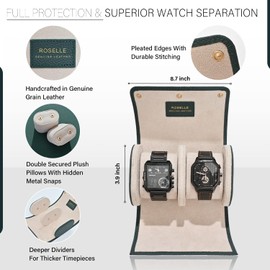 ROSELLE Genuine Leather Watch Roll Travel Case - Watch Roll Case For 2 Watches With Luxury Lining - Protect, Travel,Store, Display Fine Watches (2 slot Green-Genuine Leather)