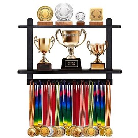 LAVIEVERT LAVIEVERT Wooden Medal Hanger & Trophy Shelf, Wall-Mounted Race Medal Display with 2 Tier Storage Shelf, Medal Holder Trophy Rack with 19 Hanging Bars - Black