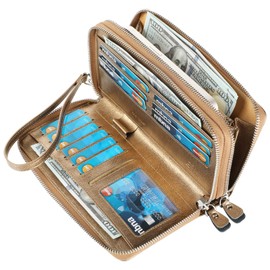 Lavemi Women's 100% Leather Wallets Large Capacity RFID Blocking Two Zippers Phone Holder Clutch Travel Purse(Two Zipper Shine Brown)