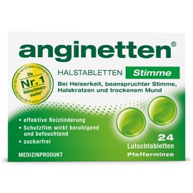 anginetten Stimme | Sugar-Free Lozenges with Peppermint Flavour for Hoarseness, Neck Scratching and Dry Throat | Moisturizes Mucous membranes for Gentle Irritation Relief | 24 Tablets