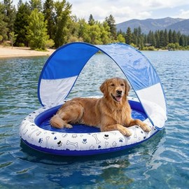 Seenelling Dog Pool Float with Canopy 57'' x 39'' Inflatable Dog Water Raft for Lake Pet Swimming Float Lounger with Shade for Small Medium Large Dogs Pet Pool Accessories (Blue)