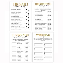 60 piezas de juego de despedida de soltera dorado para invitados, suministros de fiesta de compromiso de boda, incluye 4 juegos – I Love You around World, He Said She Said, juego de zapatos de boda, boda A-Z, de doble cara