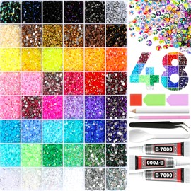 48000 Pcs Resin Jelly Rhinestones Bedazzling Kit - 48 Colors Multicolor Flatback Gems with 3×10ml B7000 Jewelry Glue & Diamond Art Tools, All-in-One Bedazzler Set for Shoes Books Crafts Nail Art