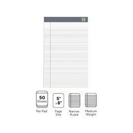 TRU RED Notepads, 5-inch x 8-inch, Narrow Ruled, White, 50 Sheets/Pad, 24/Carton (TR59904/TR573VS)