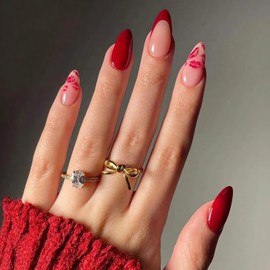 Valentine Press on Nails Almond Medium Fake Nails Glossy Red Lips Glue on Nails Romantic Designs Valentines Acrylic False Nail Tips Red French Tip Almond Artificial Stick on Nails for Women