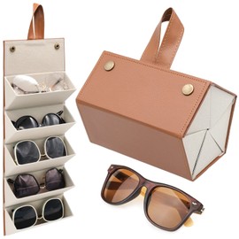 INHEMING Sunglasses Storage, Glasses Case, Glasses Organiser, 5 Compartments, PU Leather, Foldable Sunglasses Box, Glasses Box for Multiple Glasses, Glasses Storage, bronze