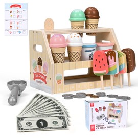 Ice Cream Toys, 44 PCS Wooden Role Play Toys Set for kids, Imaginative Wooden Play Food Sets for Children, Ice Cream Shop Play Toy, Kitchen Toys Gift for 3 Year Old Girl Boys