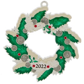 Hobby Lobby 2022 Christmas Wreath Ornament, Metal with Green Leaves and Silver Glitter, 3.5 x 3.31 inches