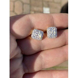 Real Solid 925 Sterling Silver - Men's Baguette Earrings - Iced CZ 10mm (0.4") Earrings Screw Back Aretes - Flooded Out
