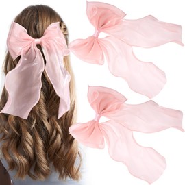 SmallCat 2Pcs Large Hair Bow Clips, Pink Silk Lace Ribbon Bow for Women, Elegant Long Tail Bowknot French Hair Styling Barrette for Wedding, Parties, Daily Use