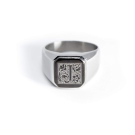 Stainless Steel Letter J Alphabet Initial Floral Box Monogram Engraved Square Flat Top Biker Style Polished Ring, Size 7