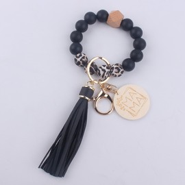 Phamines Silicone Wristlet Keychain Mother's Day Birthday Gift,Beaded Bracelet with Mama Tag,Keyring Key Holder Chains Bangle for Mom (Leopard)