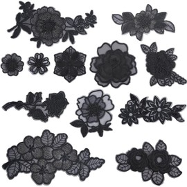 GORGECRAFT 12 Styles 3D Flower Patches Fabric Embroidery Floral Blossom Sew on Lace Trim Applique for Wedding Bride Dress Sewing Repairing Decorating Clothing DIY Crafts Black