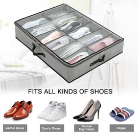 Under Bed Storage Organizer 2 PCS, Fits 24 Pairs of Sturdy Bed Bottom Shoe Box Bedding Organizer with Clear Cover Storage Bag, Sturdy Zipper, Breathable Fabric - Foldable with 2 Handles, (Grey)