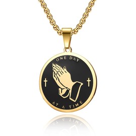 Men Women Stainless Steel Jewelry Serenity Prayer Cross Necklace Praying Hands Coin Medal Pendant (Gold, One size)