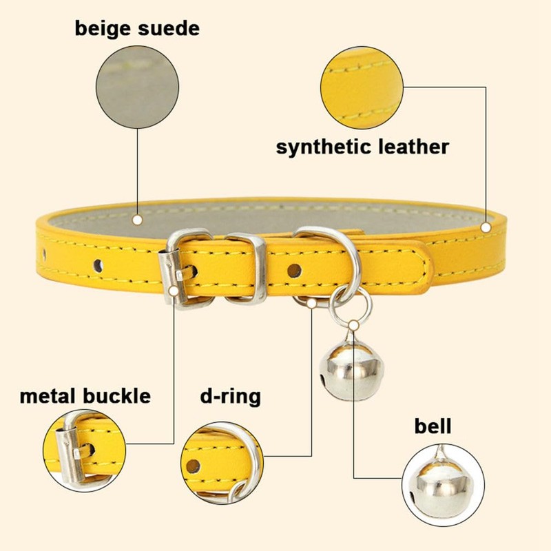 Small Dog Collar with Bell, Synthetic Leather Pu Basic Cat