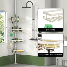KEGII Shower Corner Caddy Tension Pole, Rustproof Corner Bathroom Organizer, No Drilling Bathtub Shelf for Inside Shower, Waterproof Bathroom Tub Organizer, Fits 25-114.2 Inch Height, Cream White