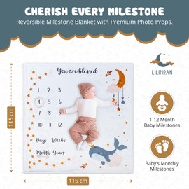 Monthly Baby Milestone Blanket with Photo Props - Reversible Soft Polyester Memory Blanket for Age & First Moments - Essential Newborn Photography Background Mixte
