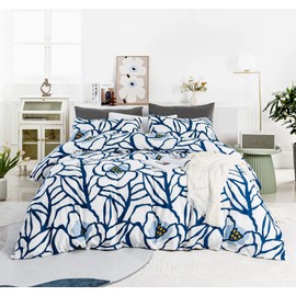 YuHeGuoJi Blue Floral Duvet Cover King 100% Cotton Abstract Flower Duvet Cover 3 Pcs Set 1 Neutral Graffiti Botanical Duvet Cover with Zipper Ties 2 Pillowcases White Plant Print Bedding Set Soft