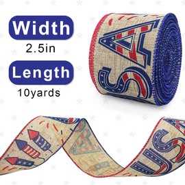 ALIBBON 4th of July Patriotic Burlap Ribbons, Wired Edge Ribbons American Flag Star Stripe USA Ribbons Firework Ribbons for Independence Day DIY Crafts Gift Wrapping Decorations 2.5 Inch x 10 Yards