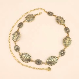 Vintage Oval Carved Metal Waist Chain for Women – Retro Style Adjustable Gold Plated Statement Belt Jewelry