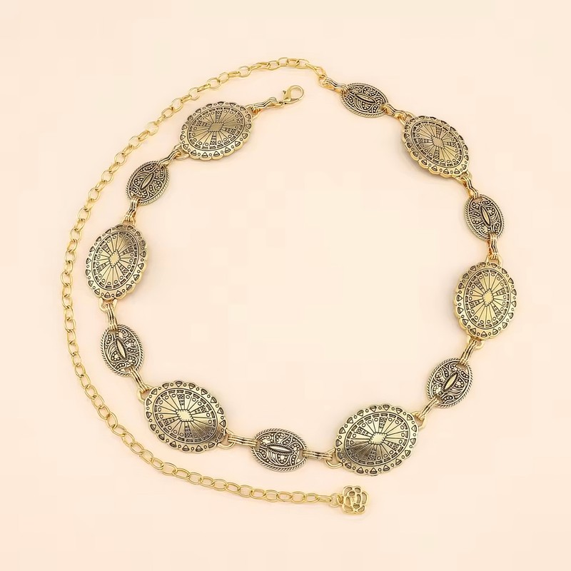 Vintage Oval Carved Metal Waist Chain for Women – Retro